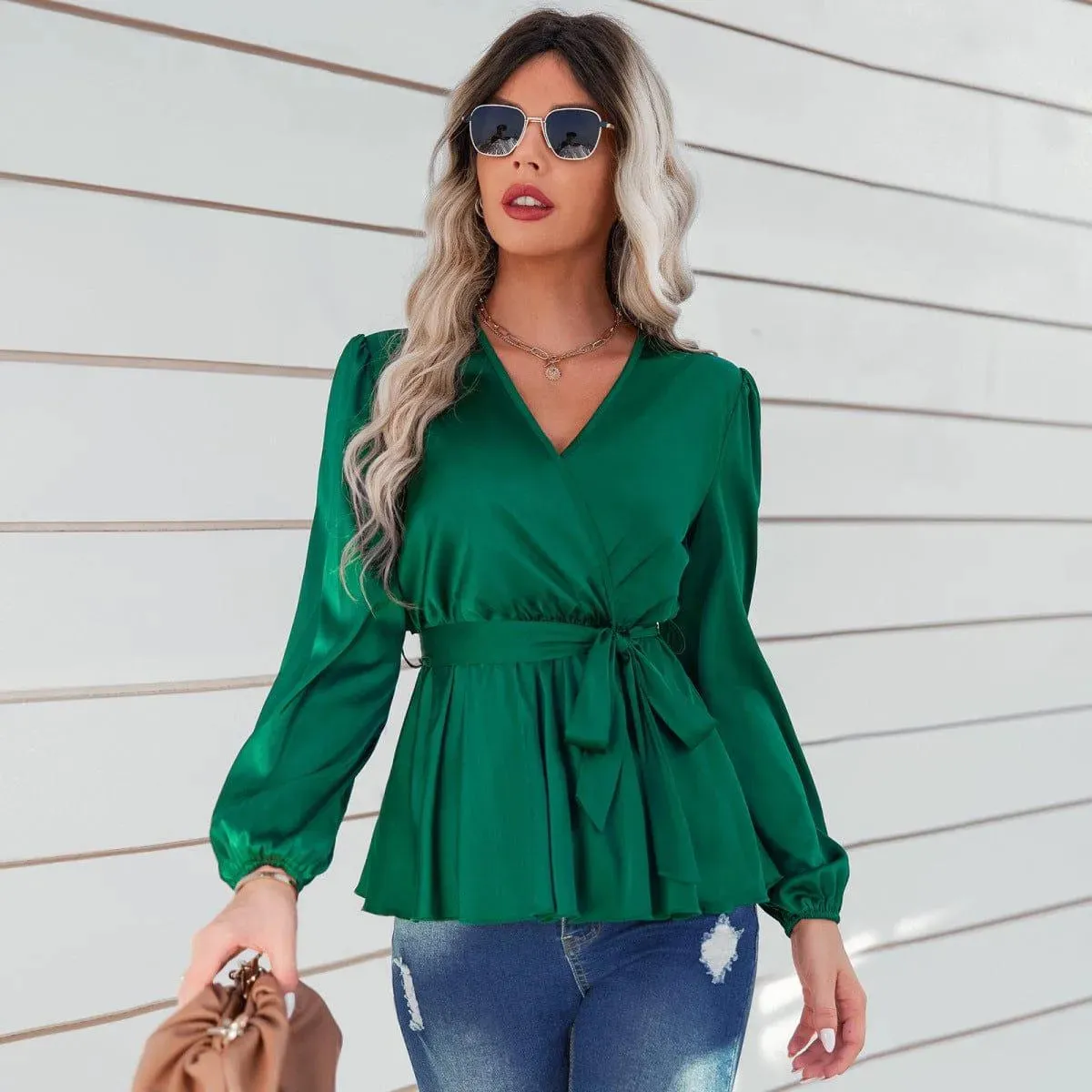 Long Puff Sleeve Tie Waist Top