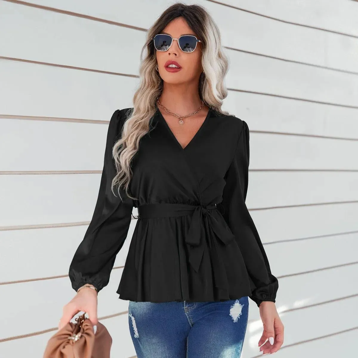 Long Puff Sleeve Tie Waist Top