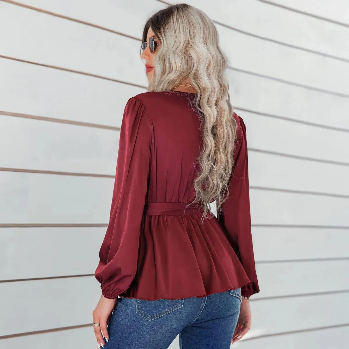 Long Puff Sleeve Tie Waist Top