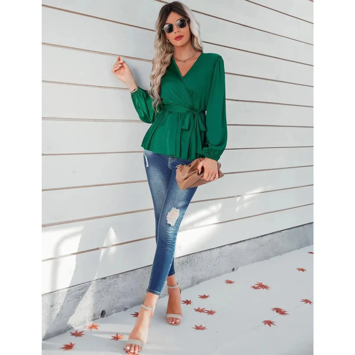 Long Puff Sleeve Tie Waist Top