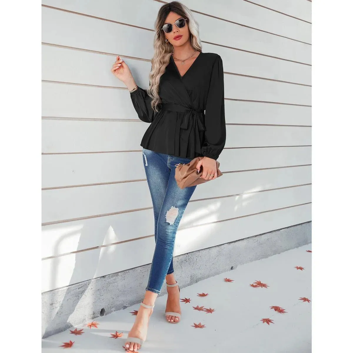 Long Puff Sleeve Tie Waist Top