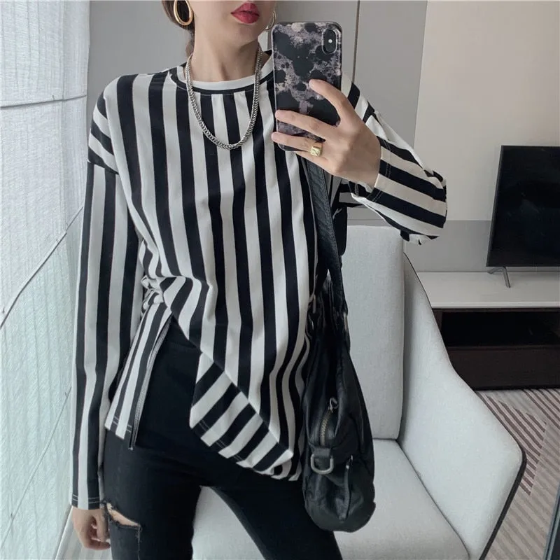 Loose Striped Women T Shirt Long Sleeve Casual O Neck Split Fork Ladies Tess Korean Pure Cotton Fashion Female Tops