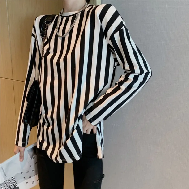 Loose Striped Women T Shirt Long Sleeve Casual O Neck Split Fork Ladies Tess Korean Pure Cotton Fashion Female Tops