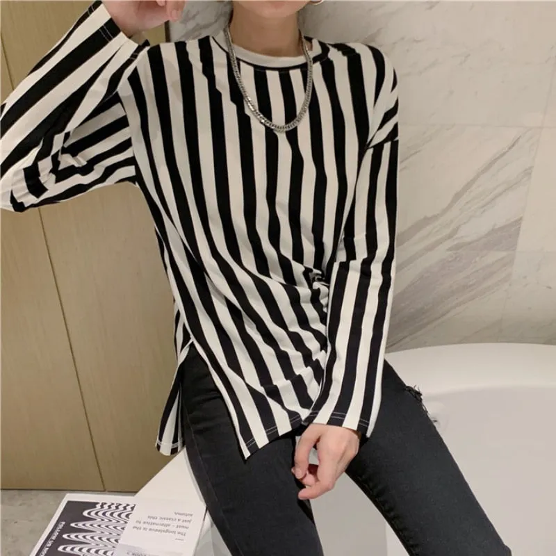 Loose Striped Women T Shirt Long Sleeve Casual O Neck Split Fork Ladies Tess Korean Pure Cotton Fashion Female Tops