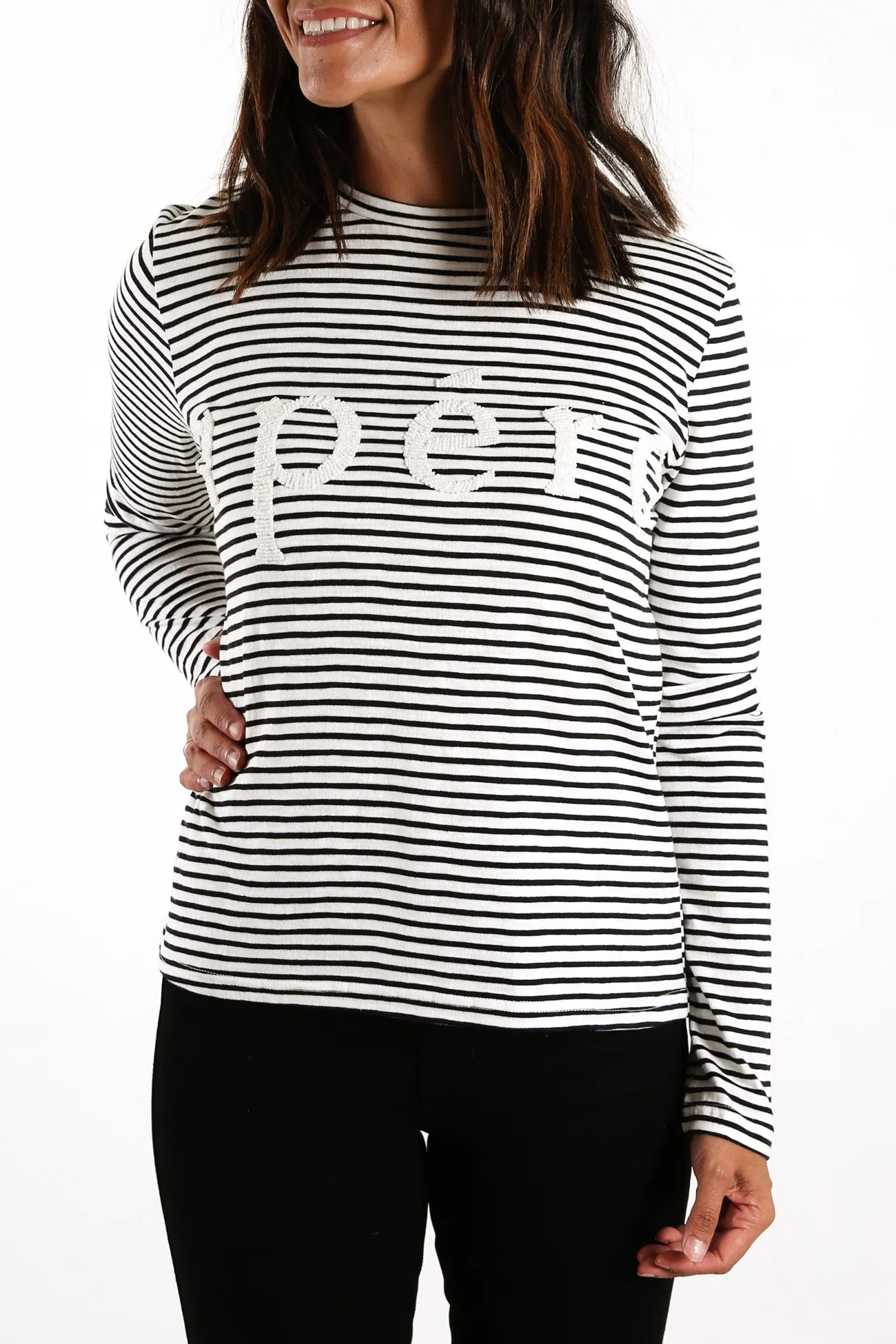 Marcella Stripe Beaded Long Sleeve Top Black Stripe