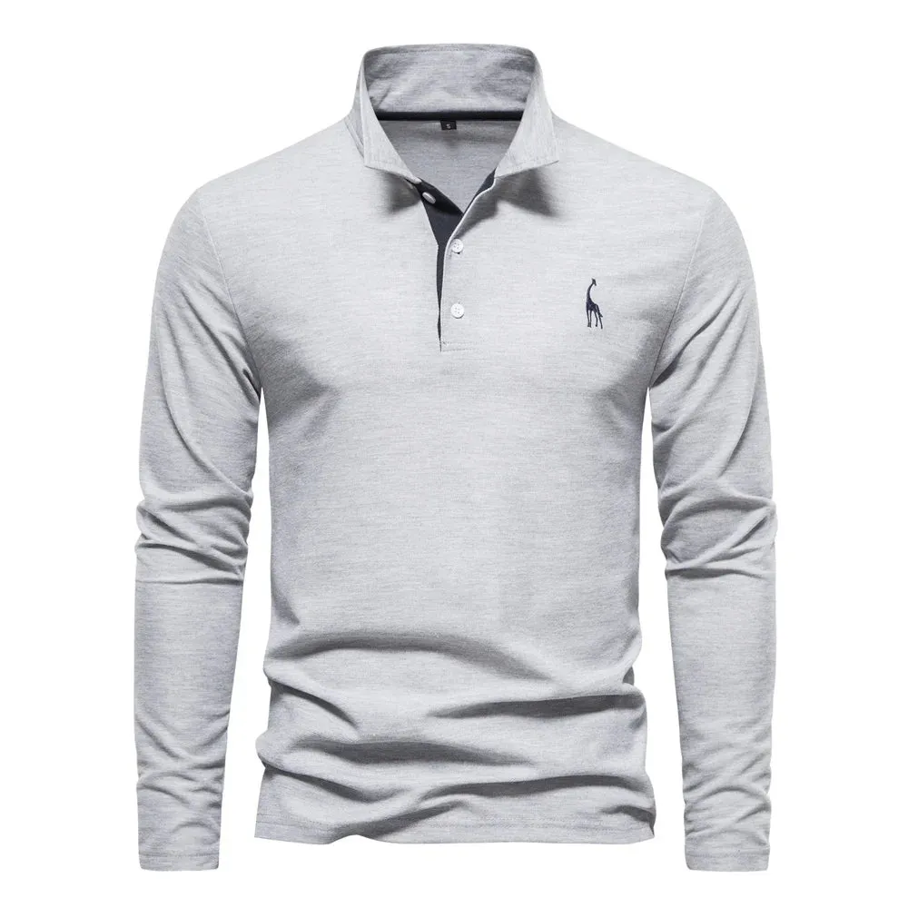 Men's Deer Embroidery Polo Shirts Solid Color Long Sleeve Social Business Male