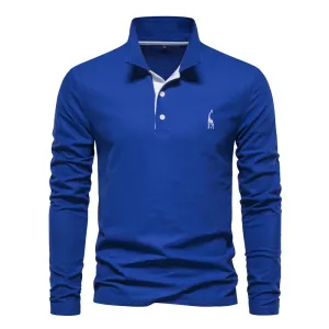 Men's Deer Embroidery Polo Shirts Solid Color Long Sleeve Social Business Male