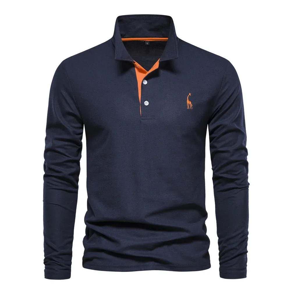 Men's Deer Embroidery Polo Shirts Solid Color Long Sleeve Social Business Male