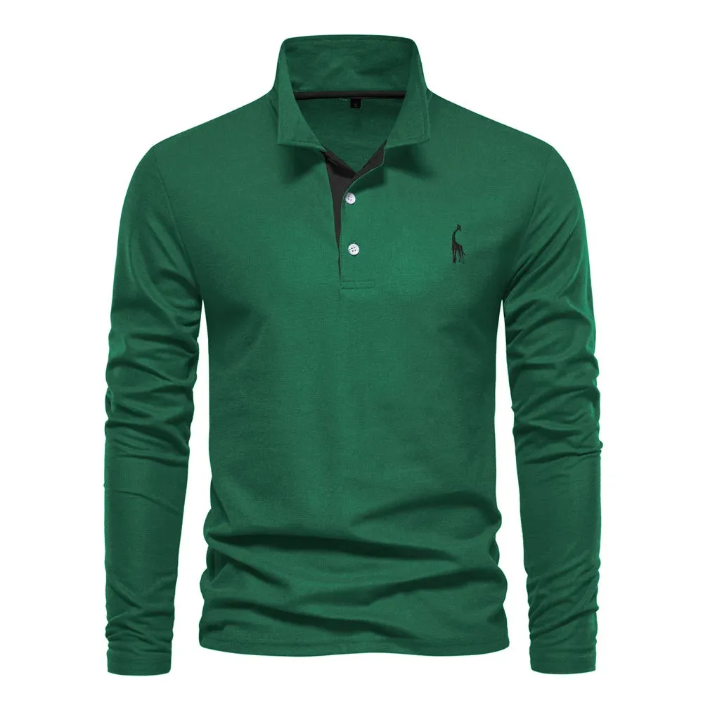 Men's Deer Embroidery Polo Shirts Solid Color Long Sleeve Social Business Male