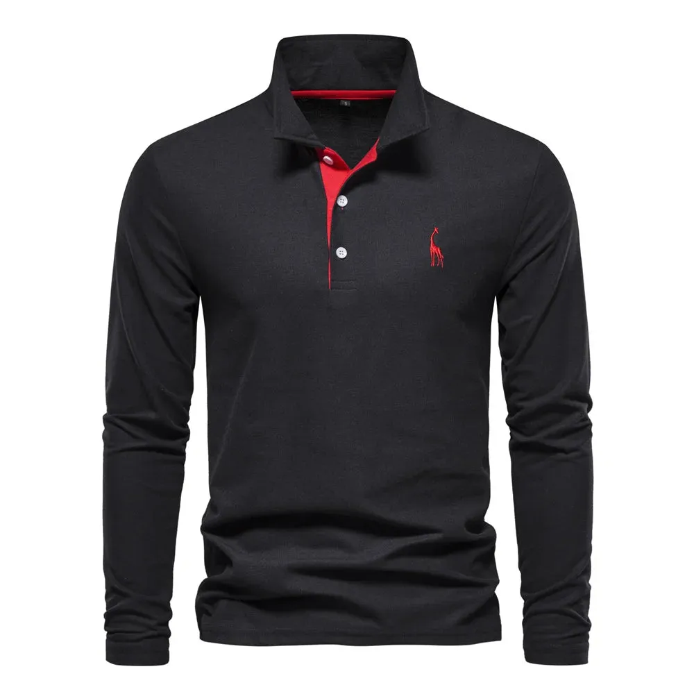 Men's Deer Embroidery Polo Shirts Solid Color Long Sleeve Social Business Male