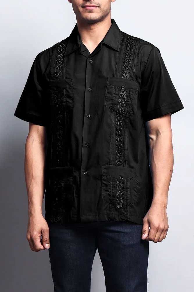 Men's Short Sleeve Cuban Style Guayabera Shirt (Black)