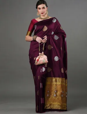 Mesmerising Wine Soft Silk Saree With Alluring Blouse Piece