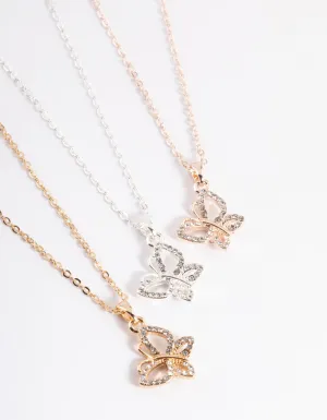 Mixed Metal Diamante Butterfly Necklace Pack