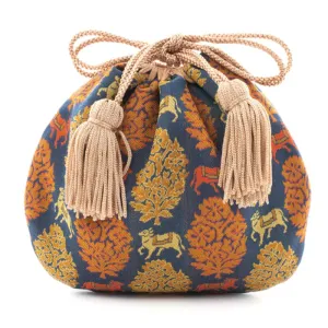 Nishijin-ori Small Drawstring Bag - Bull / Navy Blue -,  Made in Kyoto, Japan,  Japanese traditional craft purse