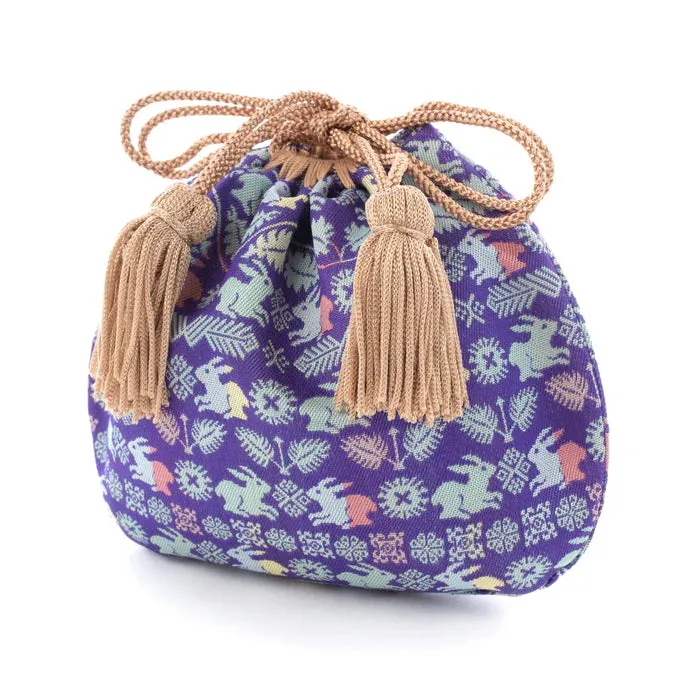 Nishijin-ori Small Drawstring Bag - Flower and Rabbit / Lapis Lazuli -,  Made in Kyoto, Japan,  Japanese traditional craft purse