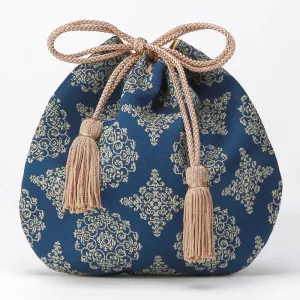 Nishijin-ori Small Drawstring Bag - Flower / Navy Blue -,  Made in Kyoto, Japan,  Japanese traditional craft purse