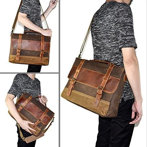 NWFashion™ Vintage Waxed Canvas/Leather 15.6" Laptop Crossbody Messenger Briefcase