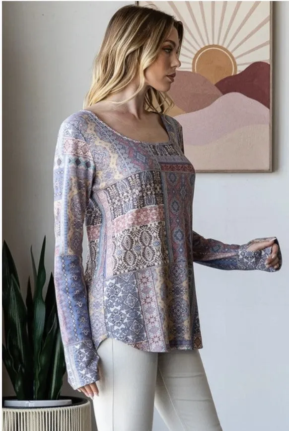 Patchwork Long Sleeve Top w/Thumbholes - #7799-7804