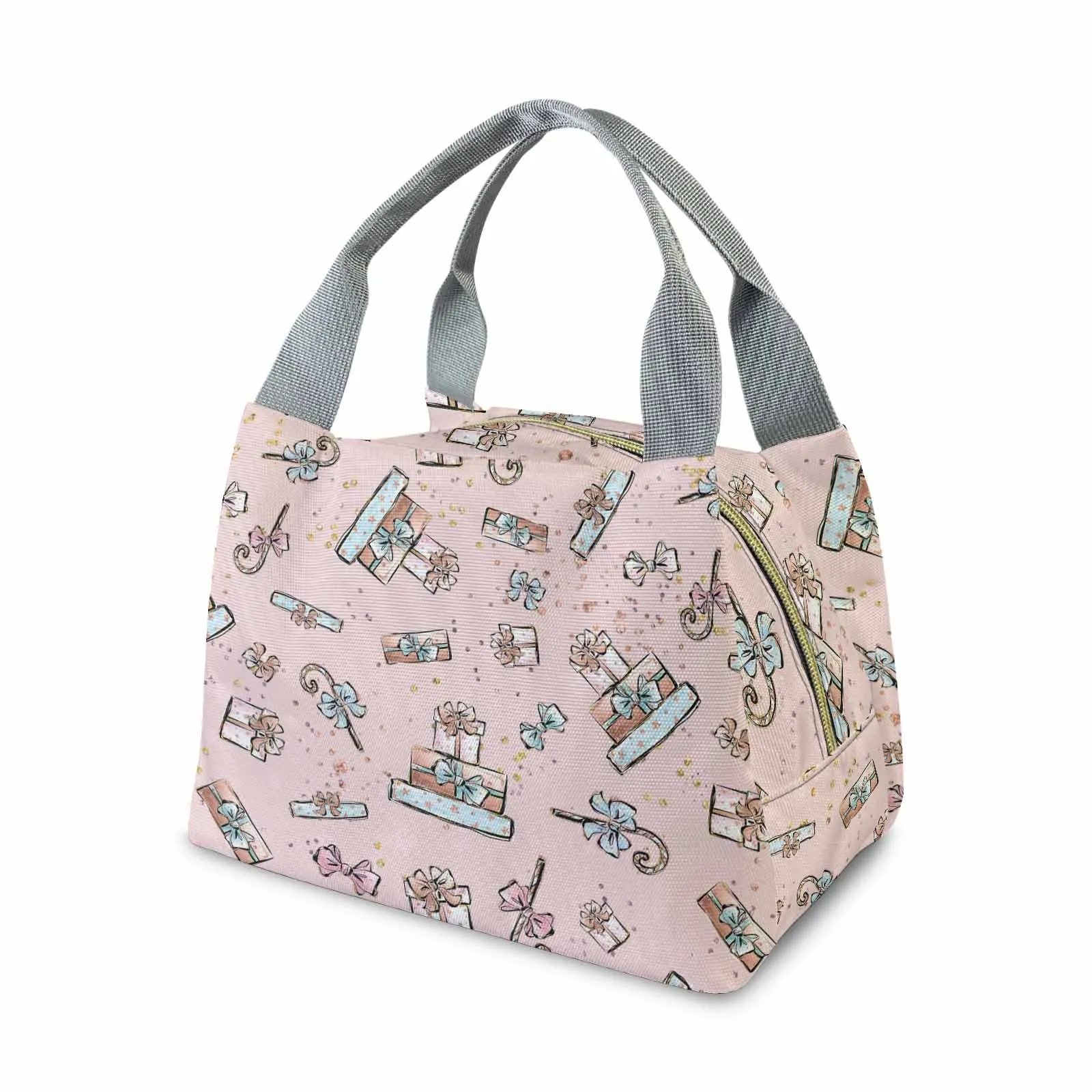 Pink Christmas  Portable Lunch Bag-Grey Handle