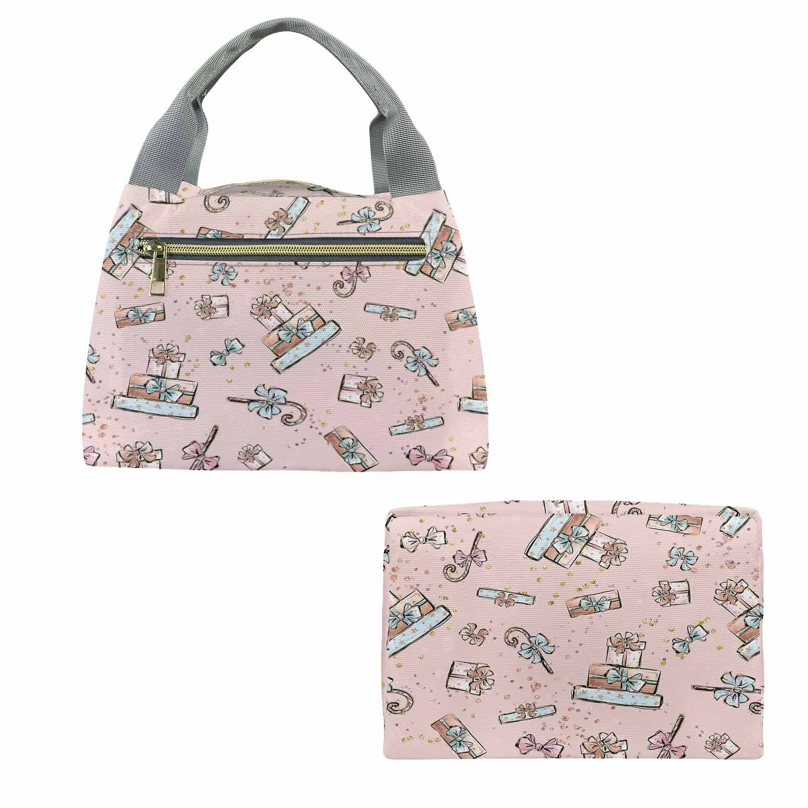 Pink Christmas  Portable Lunch Bag-Grey Handle