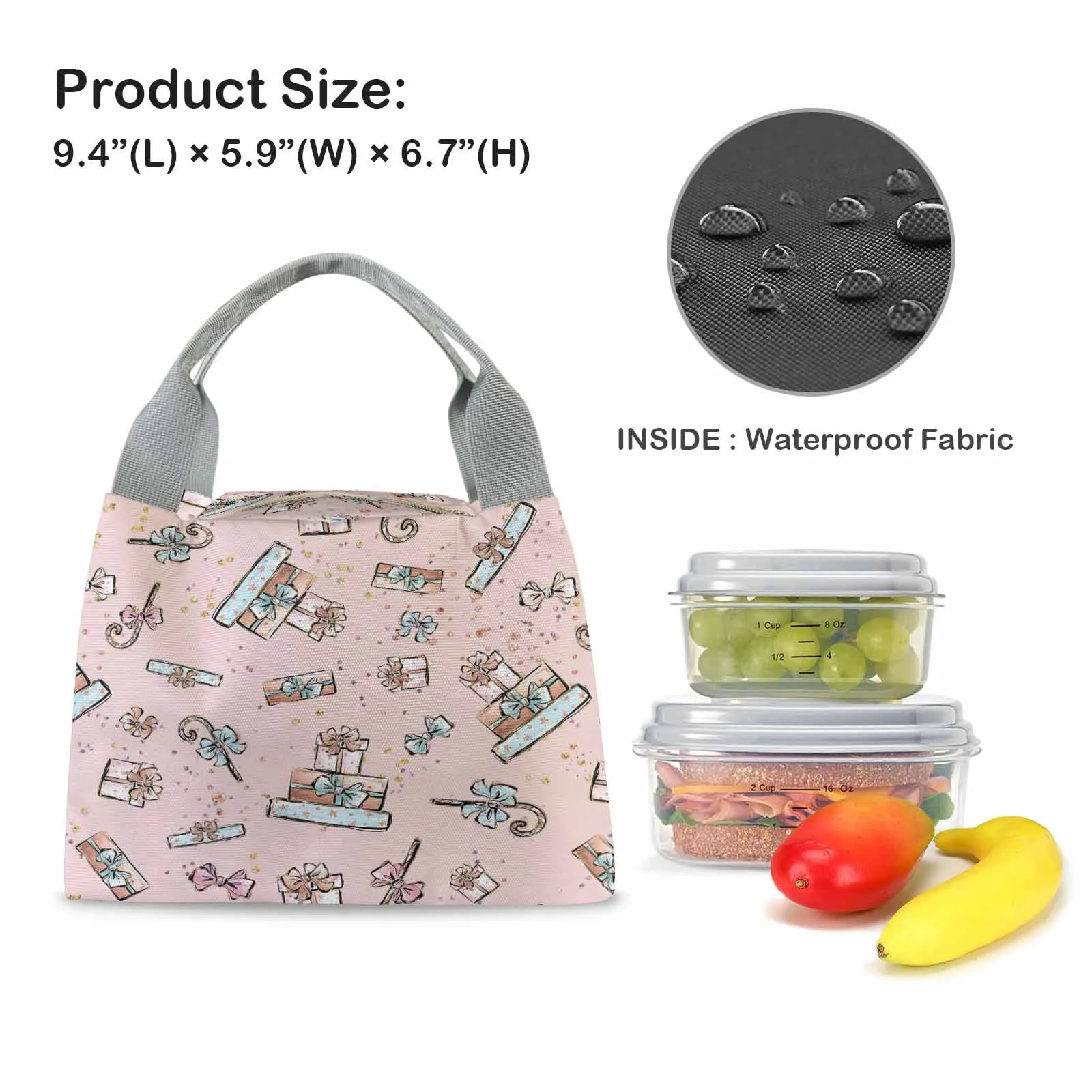 Pink Christmas  Portable Lunch Bag-Grey Handle