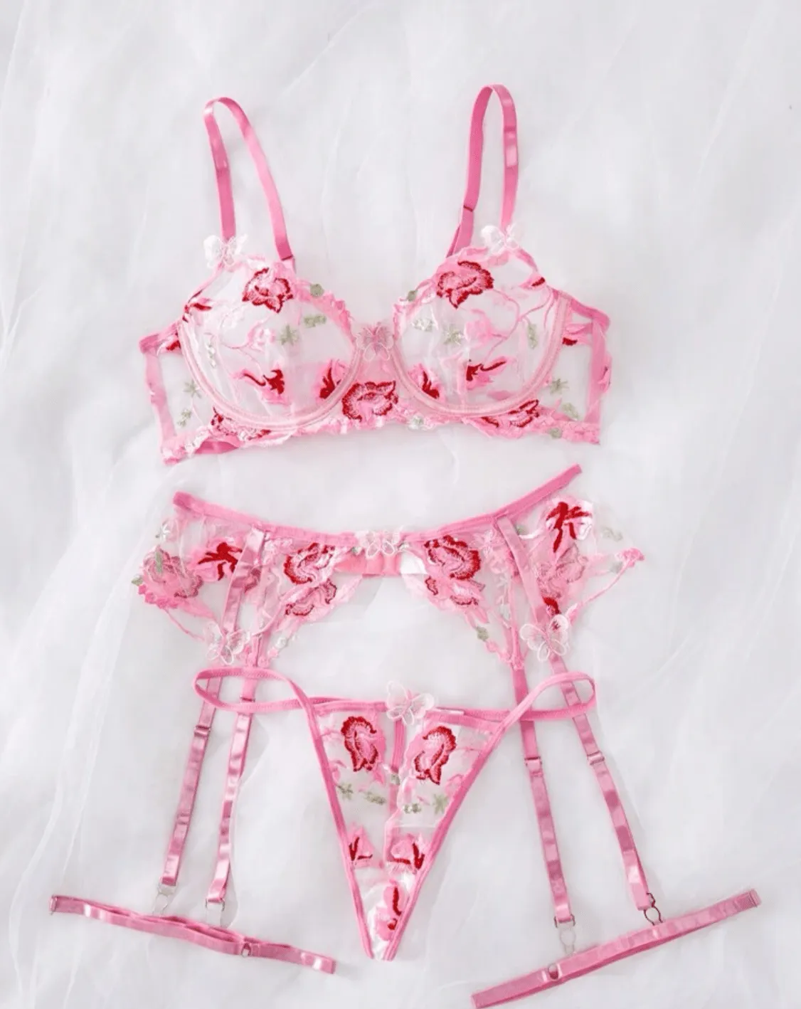 Pink Floral Lace Garter Lingerie Set