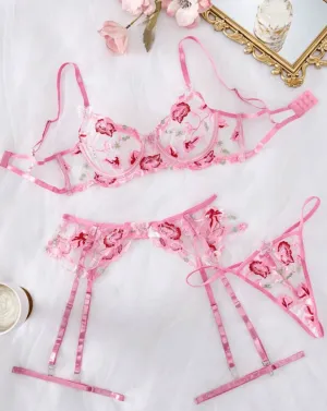 Pink Floral Lace Garter Lingerie Set