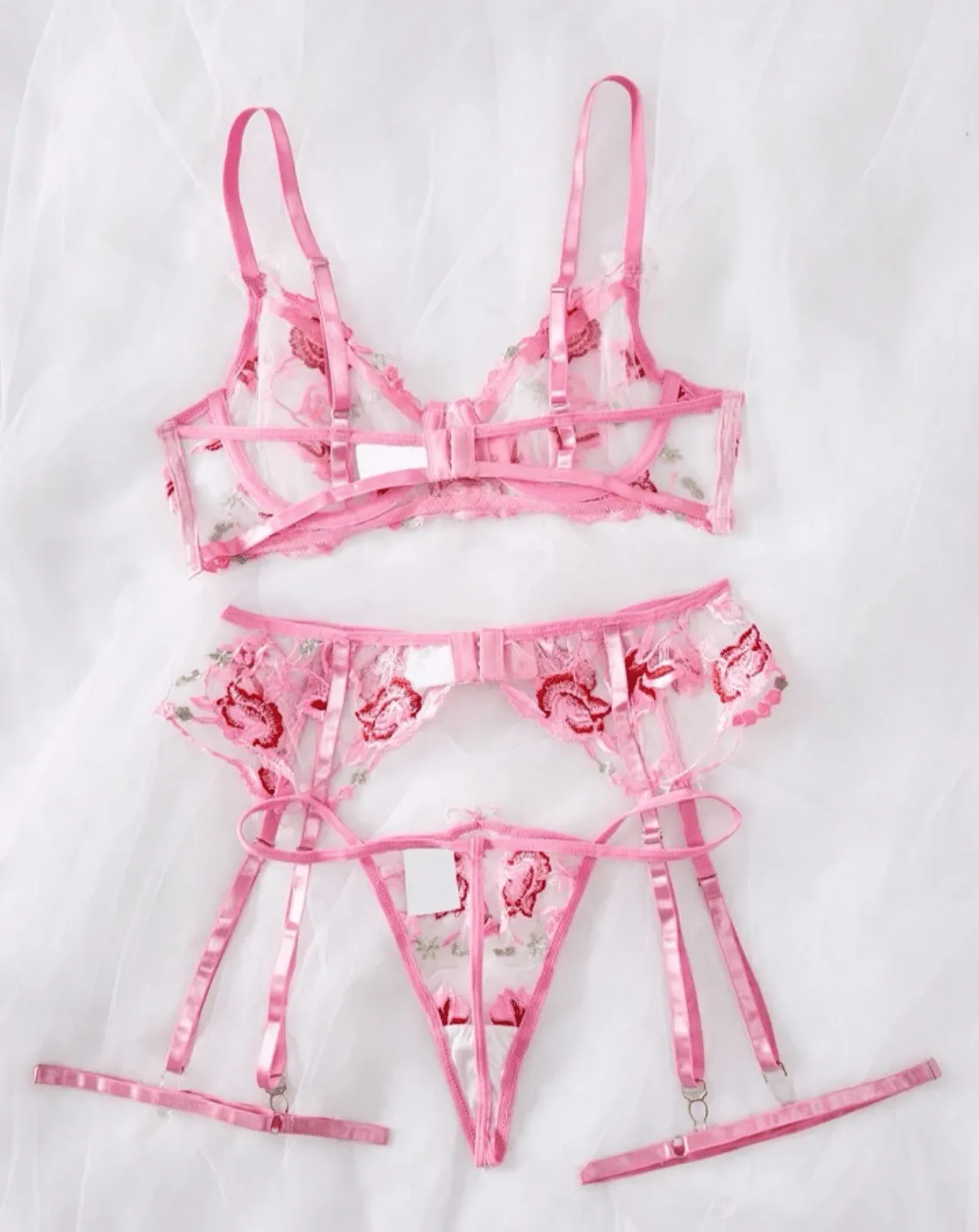 Pink Floral Lace Garter Lingerie Set