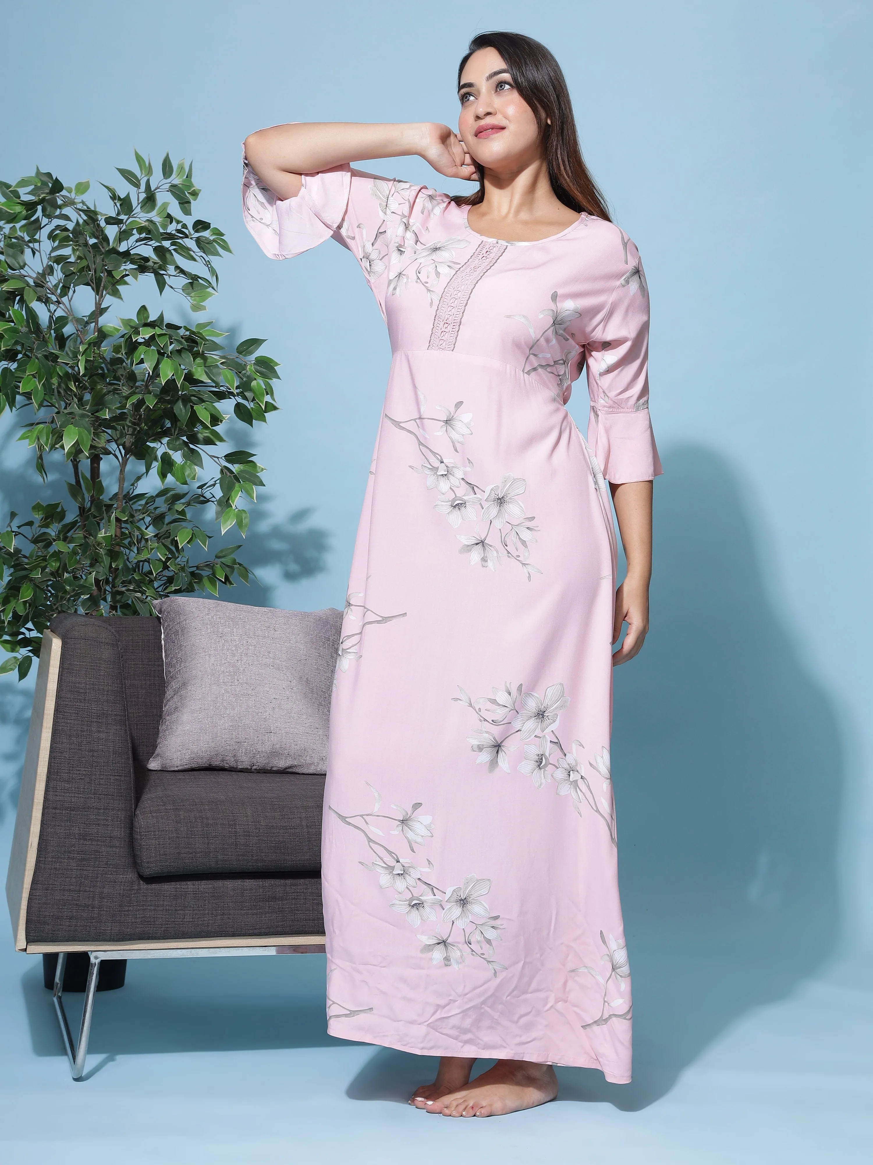 Rayon Designer Maxi Peach Nighty