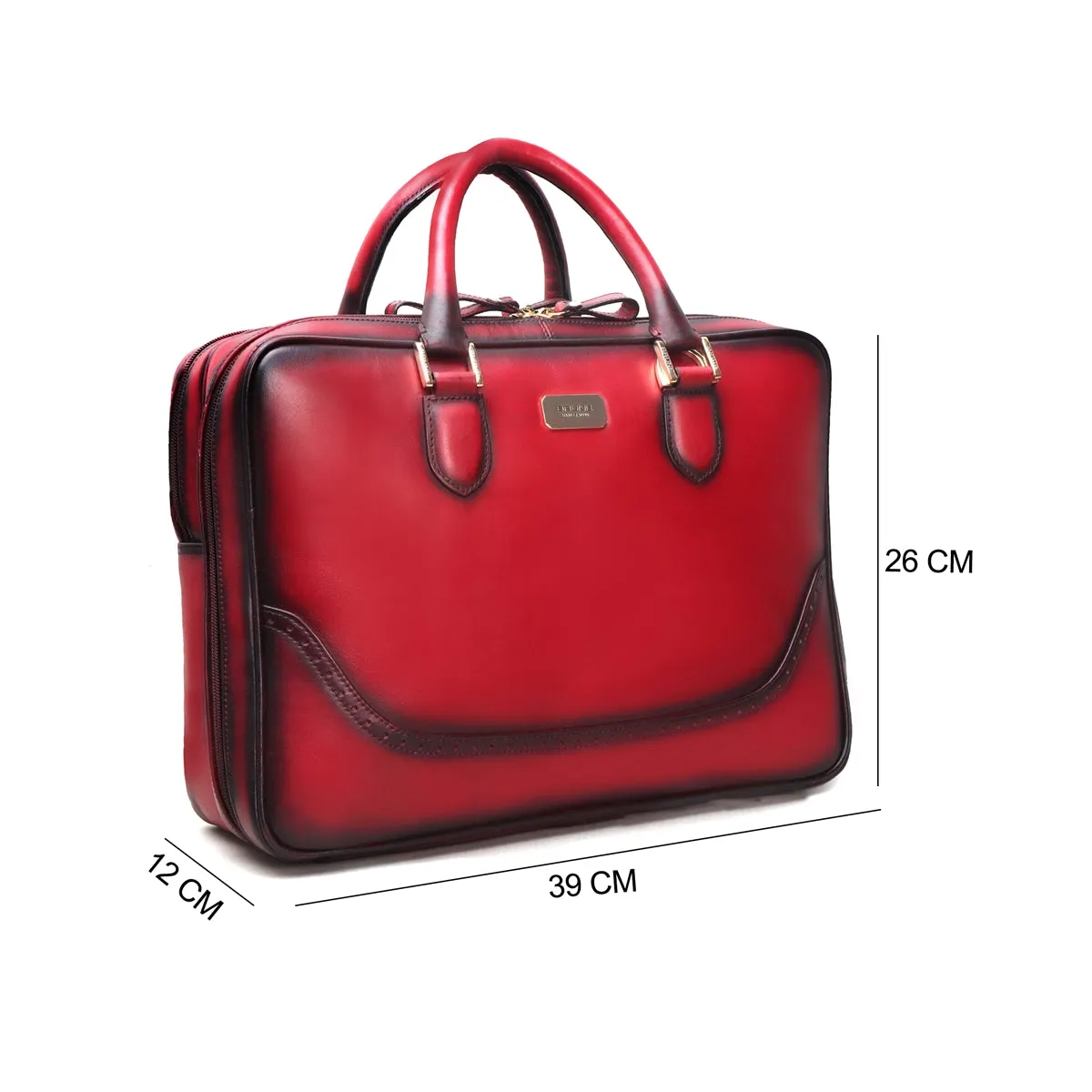 Red Leather Office Briefcase With Extra Compartment