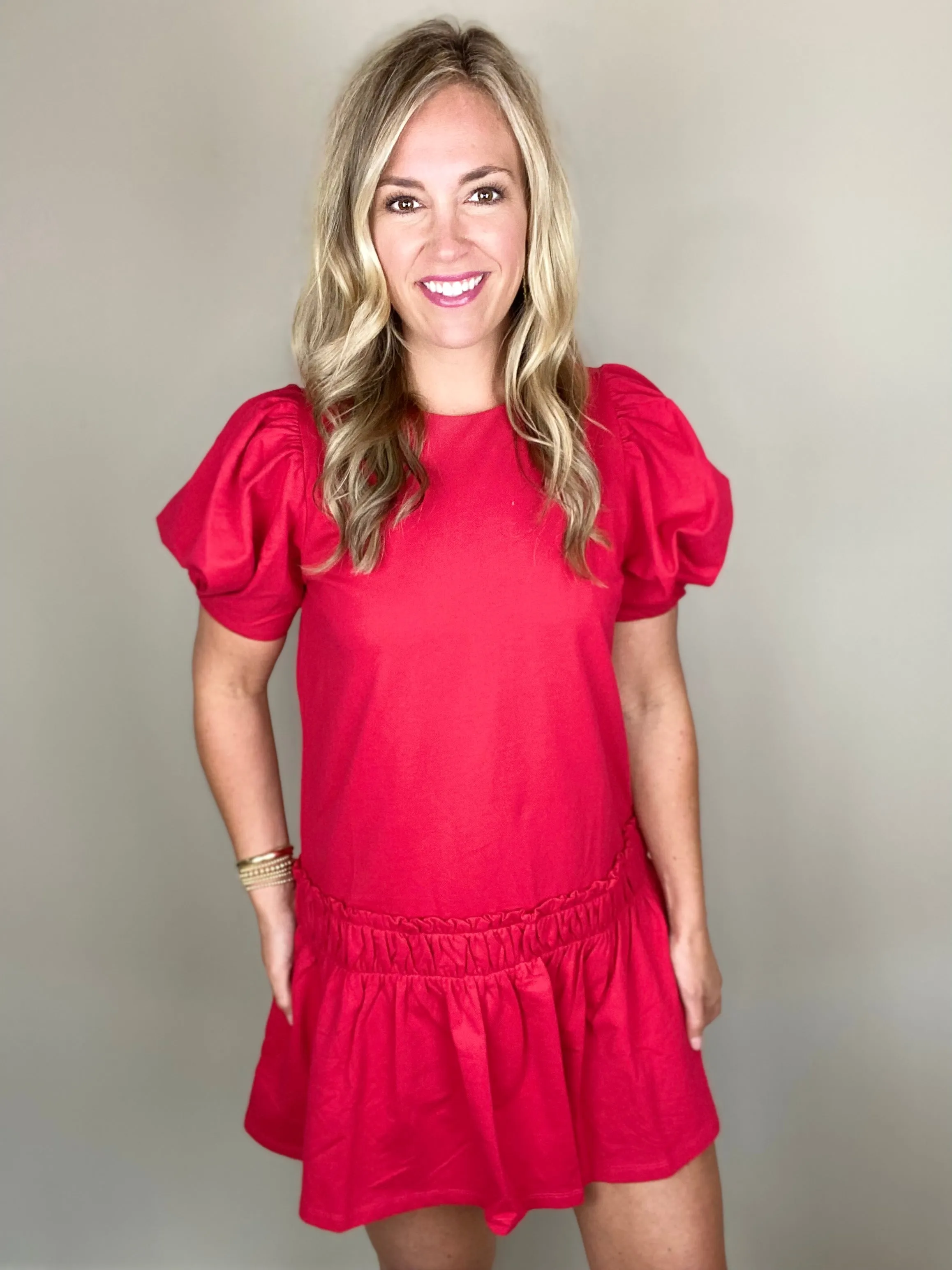 Red Puff Sleeve Mini Dress