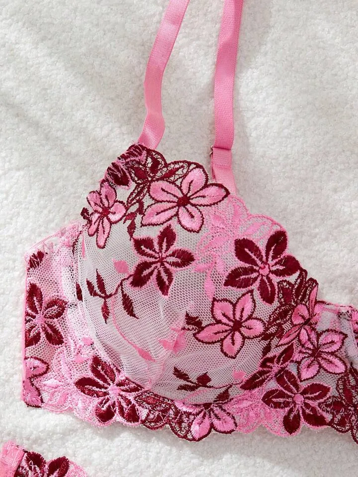 Romantic Bra and Panty Set Pink Floral Embroidered Intimates