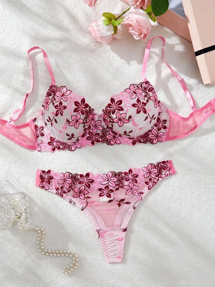 Romantic Bra and Panty Set Pink Floral Embroidered Intimates