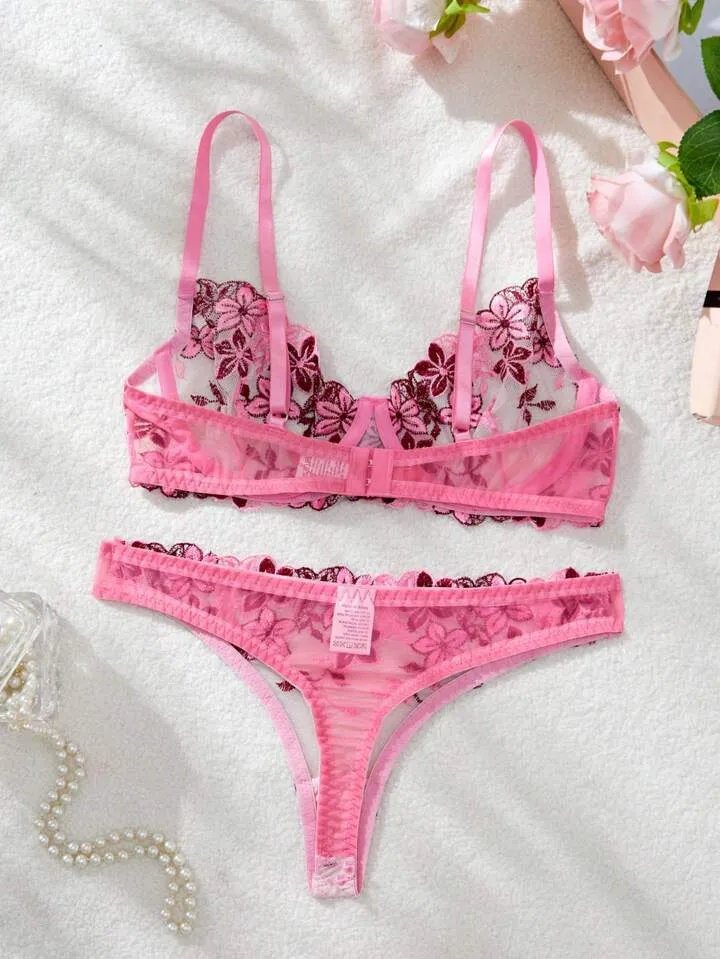 Romantic Bra and Panty Set Pink Floral Embroidered Intimates