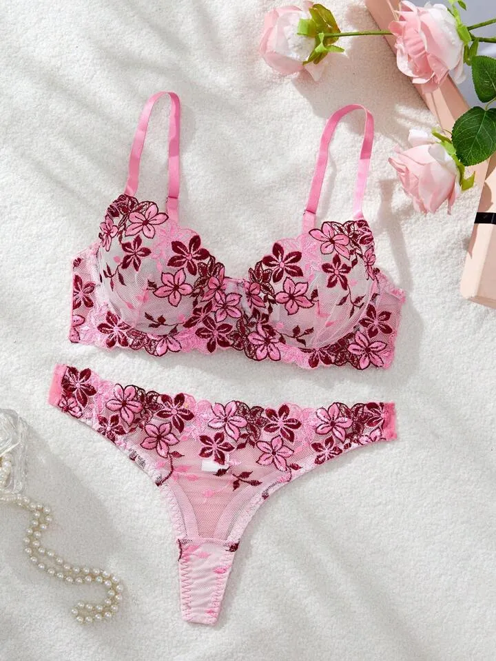 Romantic Bra and Panty Set Pink Floral Embroidered Intimates