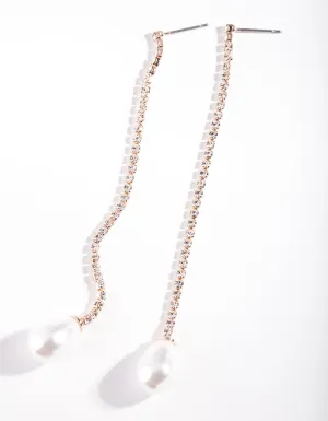 Rose Gold Diamante Chain Pearl Earrings