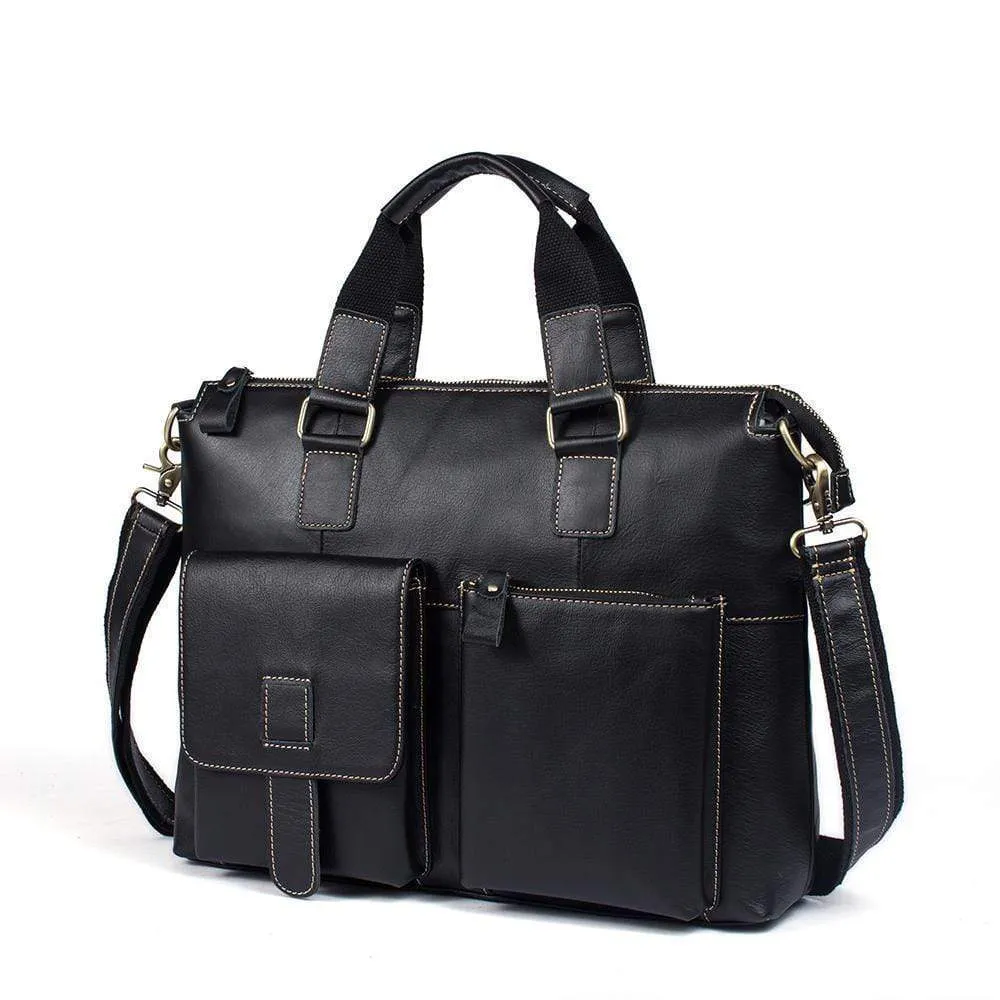 Rossie Viren  Men's Bunished Vintage Leather14" Laptop Shoulder Top Handle Bags Black