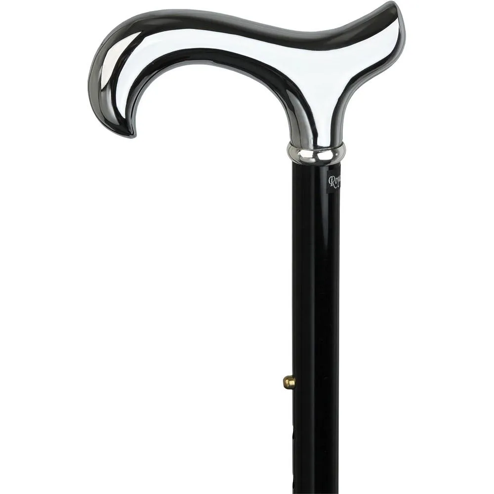 Scratch and Dent Chrome Plated Derby Walking Cane With Folding, Adjustable Black Aluminum Shaft V2249