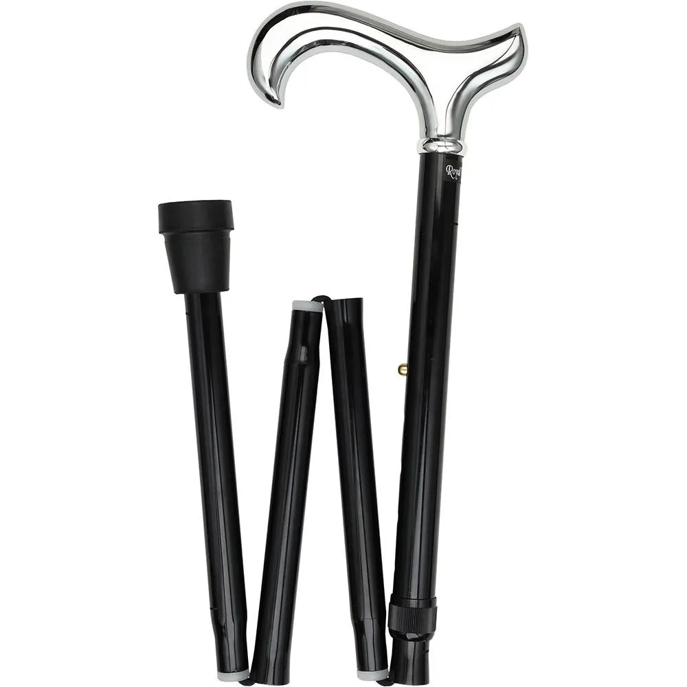 Scratch and Dent Chrome Plated Derby Walking Cane With Folding, Adjustable Black Aluminum Shaft V2249