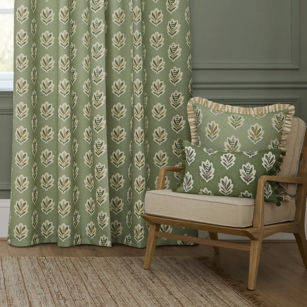 Sessile Leaf Motif Pencil Pleat Curtains Sage