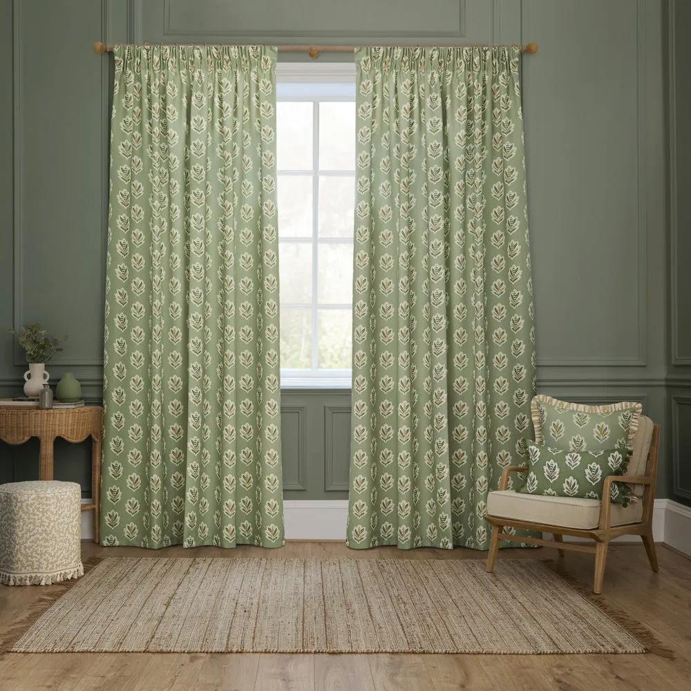 Sessile Leaf Motif Pencil Pleat Curtains Sage