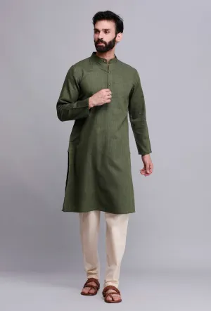 Set of 2: Bottle Green Cotton Kurta and Pyjama Set