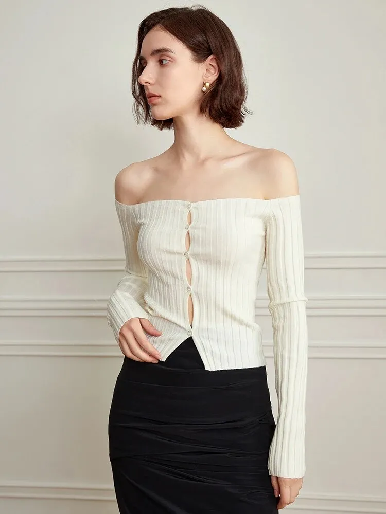 Solid Slim Knit Sweaters For Women Slash Neck Cold Shoulder Long Sleeve Patchwork Single Breasted Sweater Female