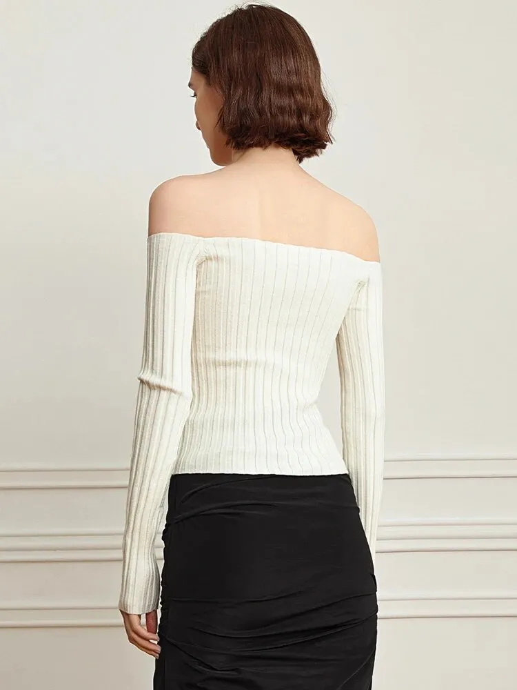 Solid Slim Knit Sweaters For Women Slash Neck Cold Shoulder Long Sleeve Patchwork Single Breasted Sweater Female