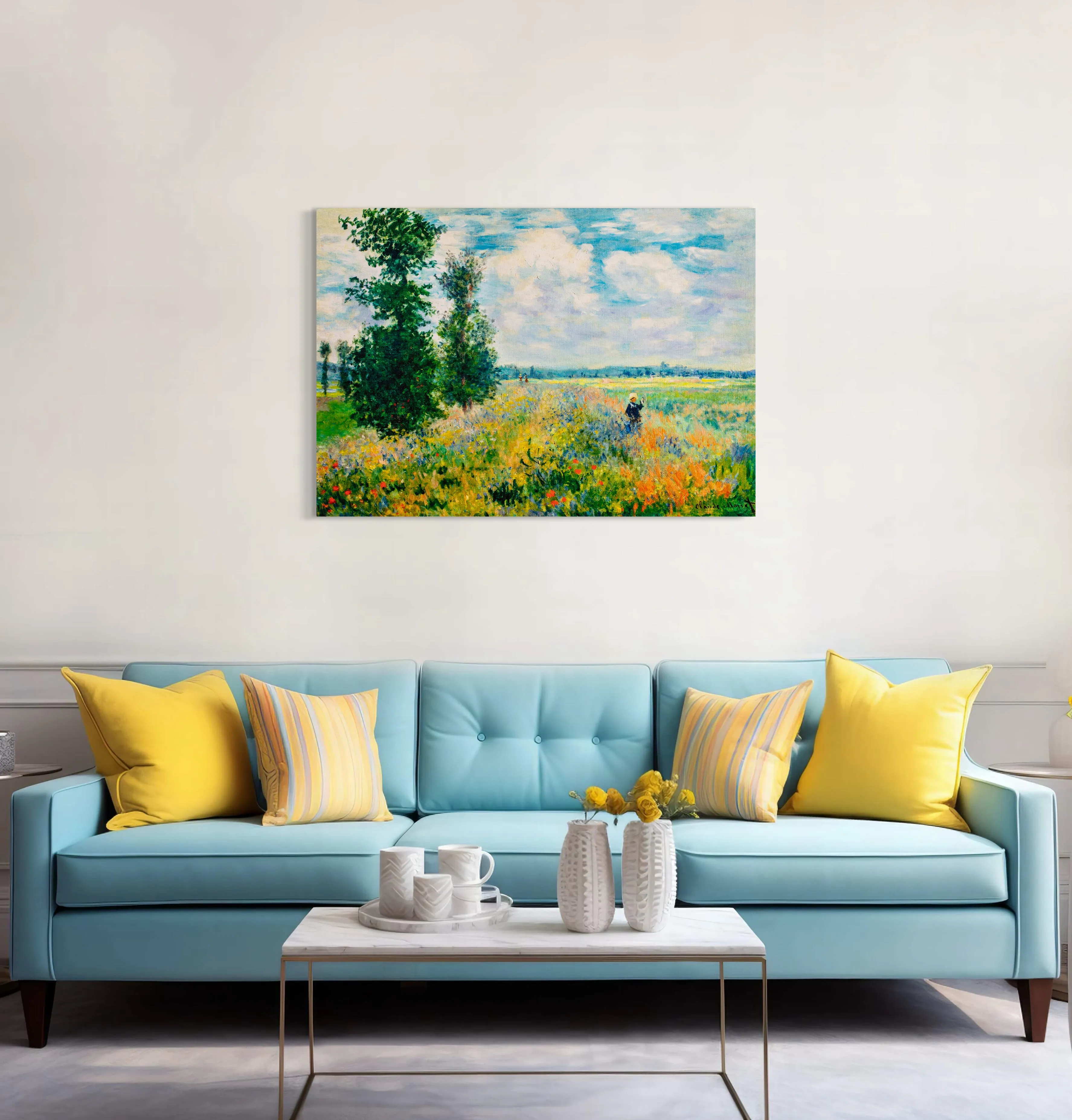 Spring Fields - Painted by Claude Monet - Circa. 1899. High Quality Polyester Cotton Canvas Print. Ready to be Framed or Mounted. Available in 3 Sizes - Small - Medium or Large.