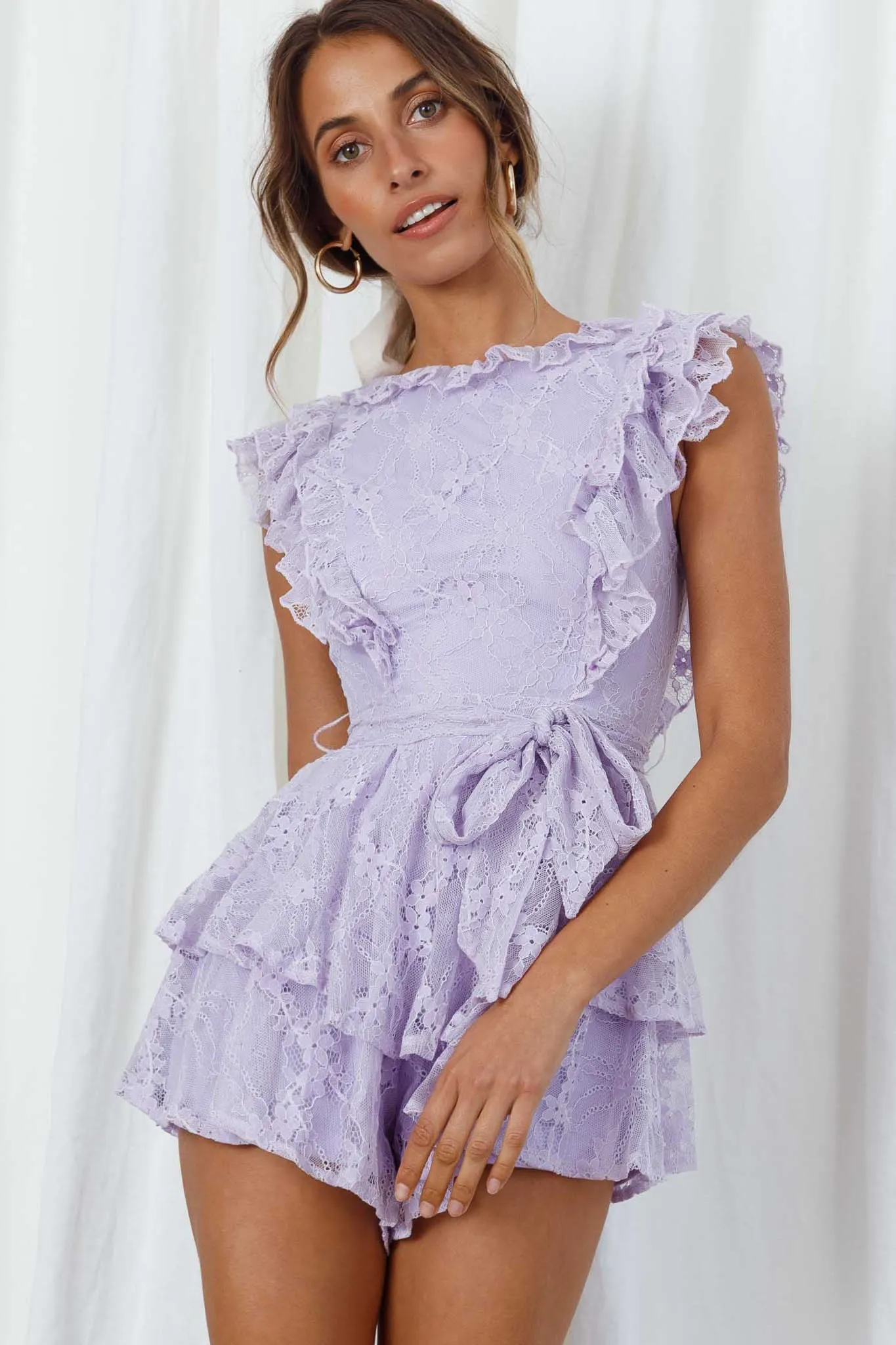 Spring Fling Frill Trim Waist Tie Lace Romper Lilac