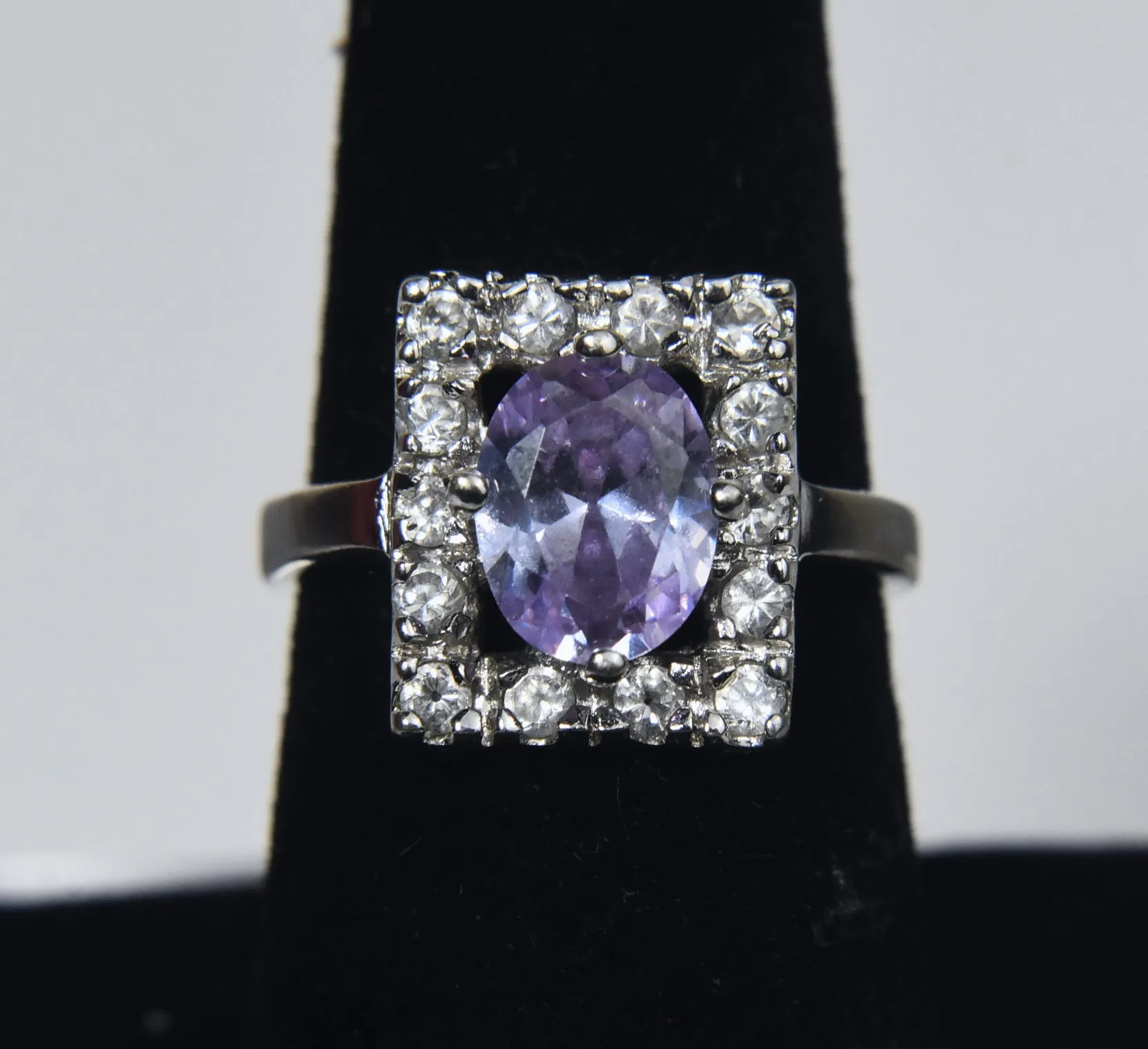 Sterling Silver Rectangle Halo Amethyst Ring - Size 7