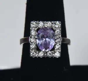 Sterling Silver Rectangle Halo Amethyst Ring - Size 7