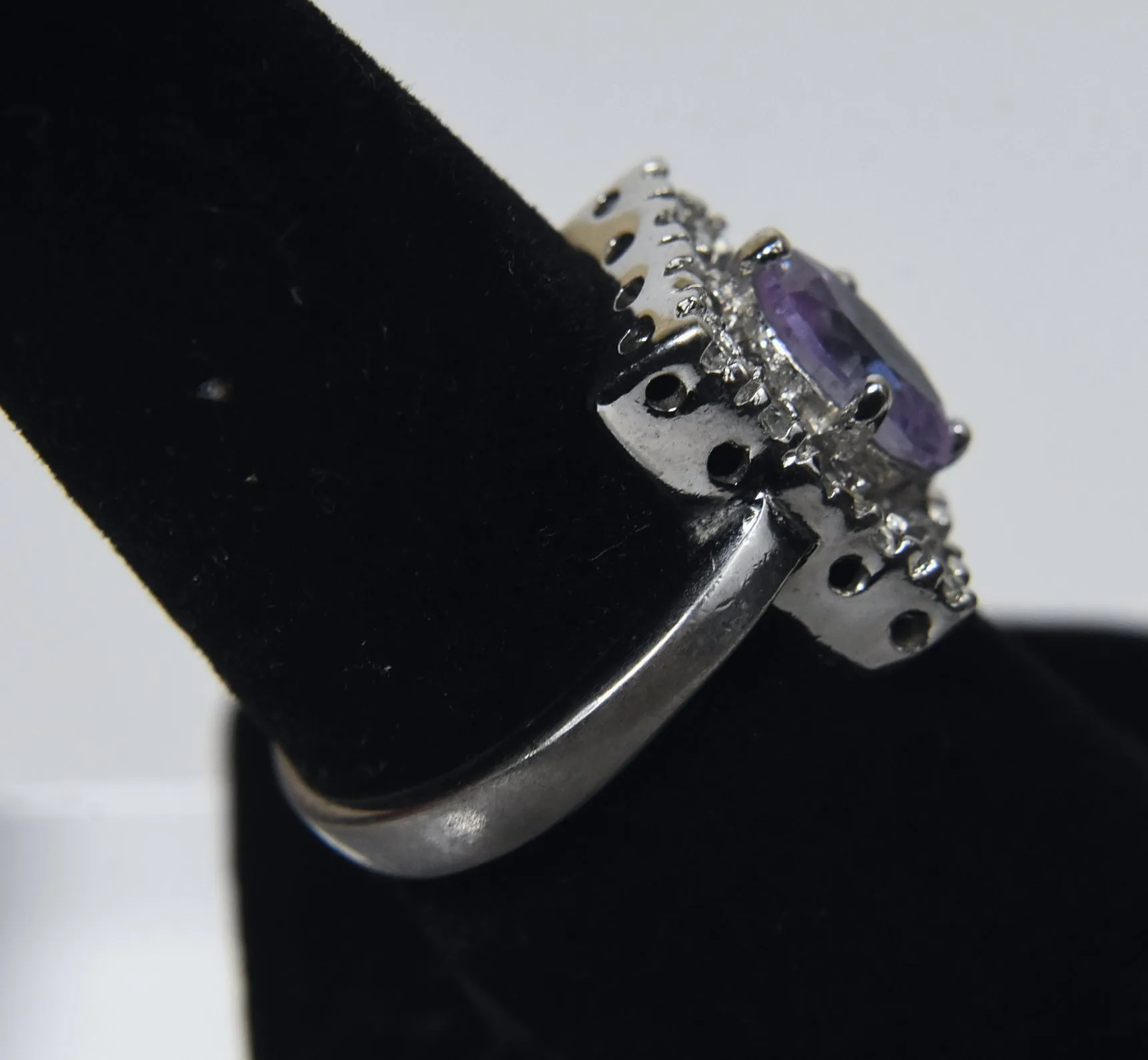 Sterling Silver Rectangle Halo Amethyst Ring - Size 7