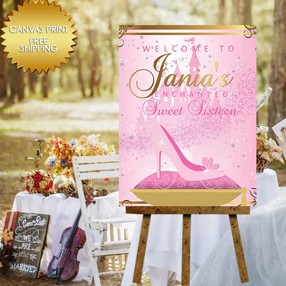 Sweet 16 Glass Slipper Enchanted Birthday Party Pink Welcome Canvas Sign